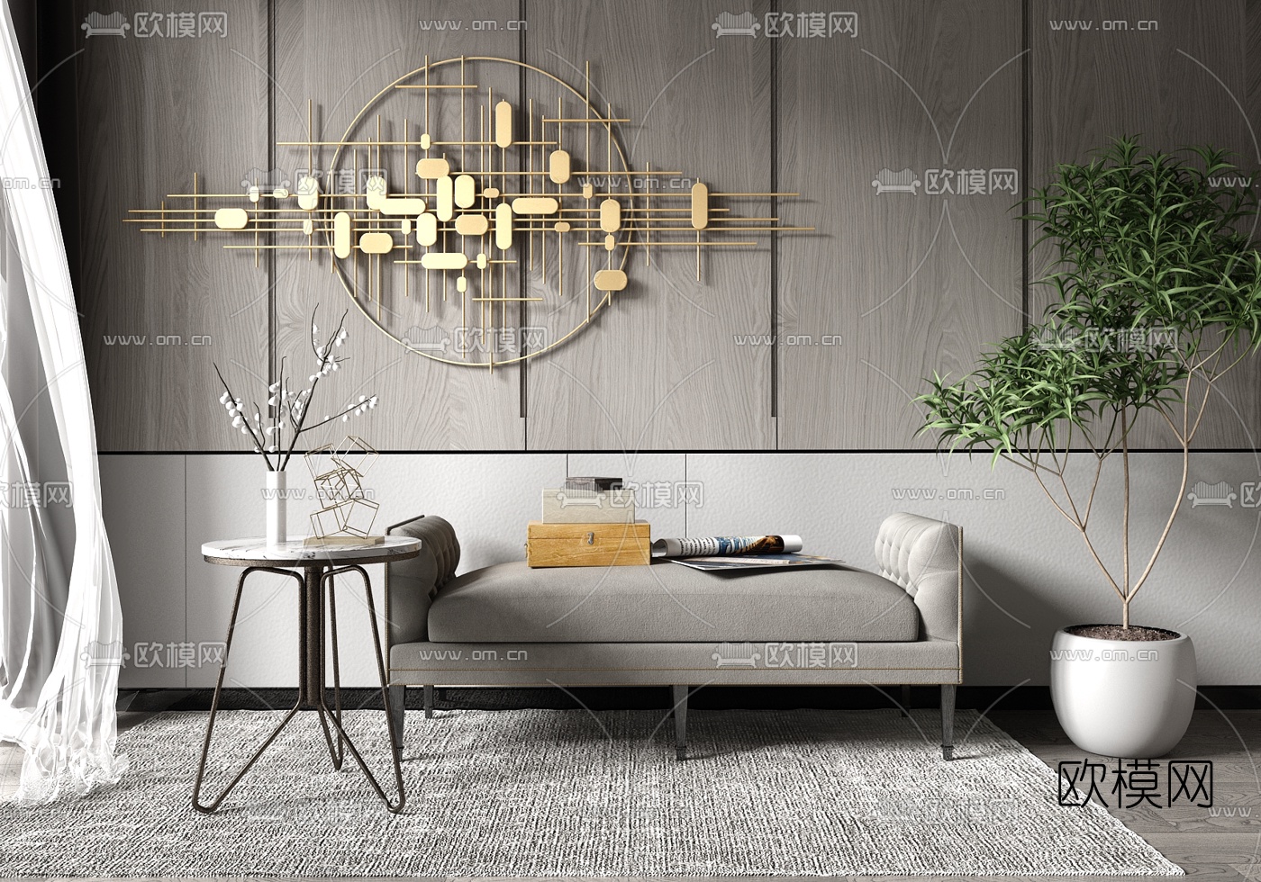 现代轻奢沙发凳su模型下载（渲染图1）