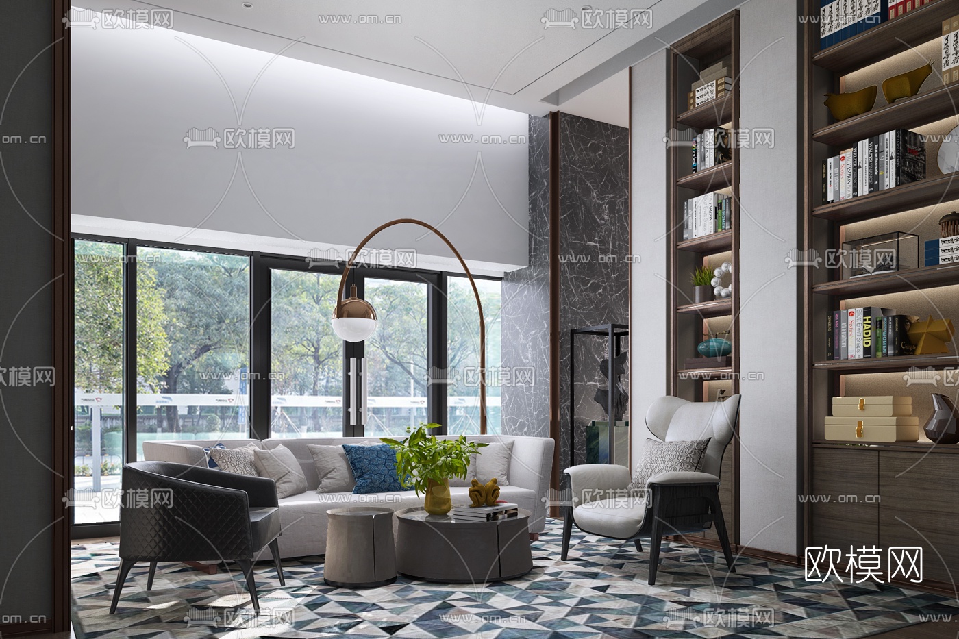 逸尚东方设计 现代布艺沙发组合3d模型下载（渲染图1）