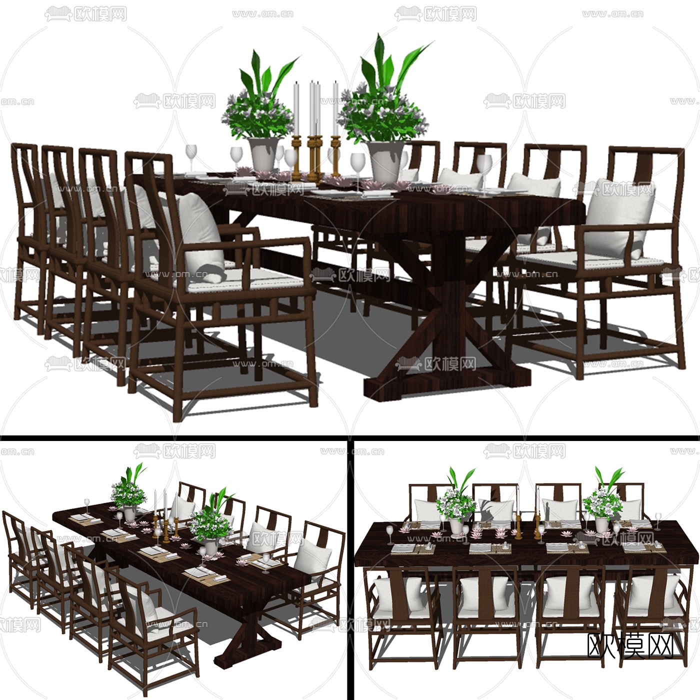 新中式实木餐桌椅免费su模型下载