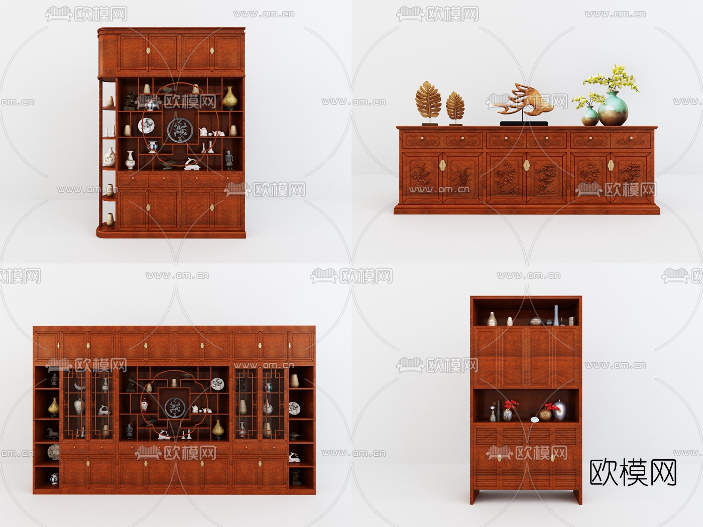 中式实木装饰柜边柜组合3D模型下载（渲染图1）