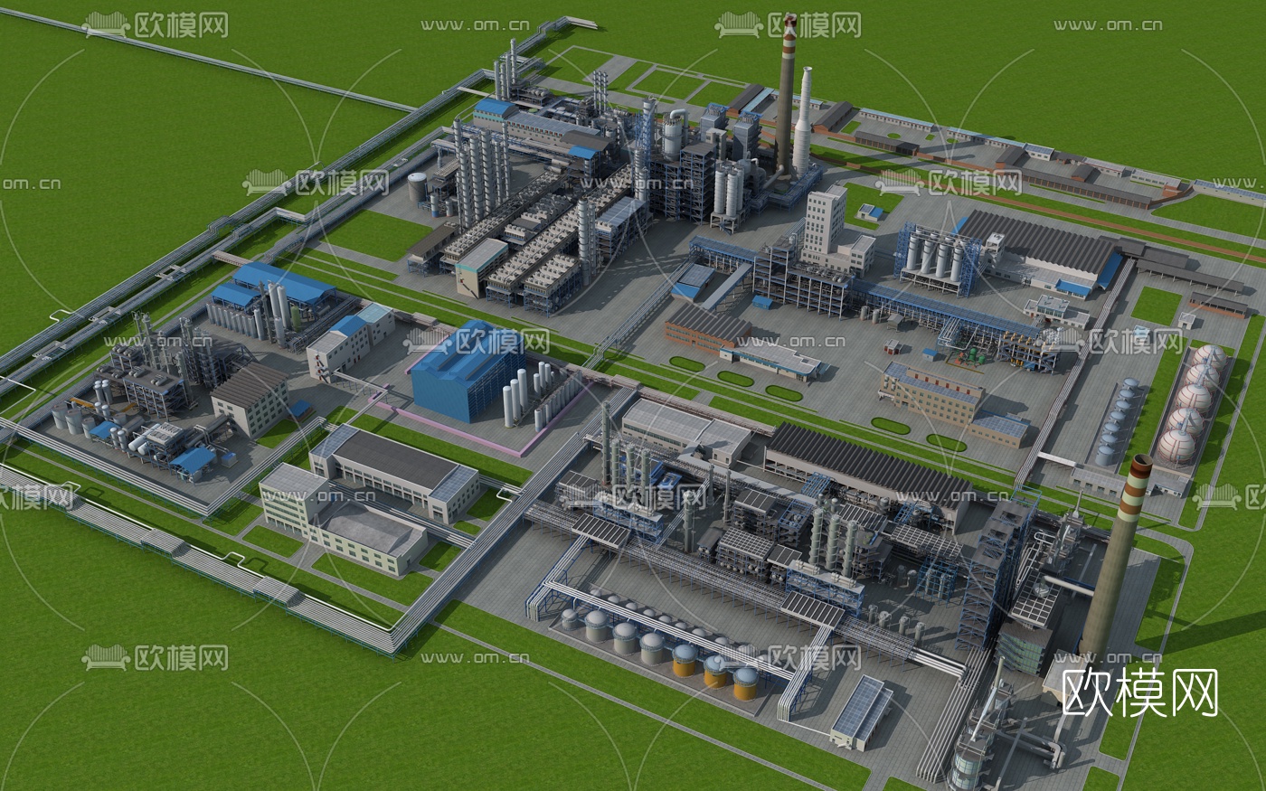 现代化工厂鸟瞰3d模型下载（渲染图1）