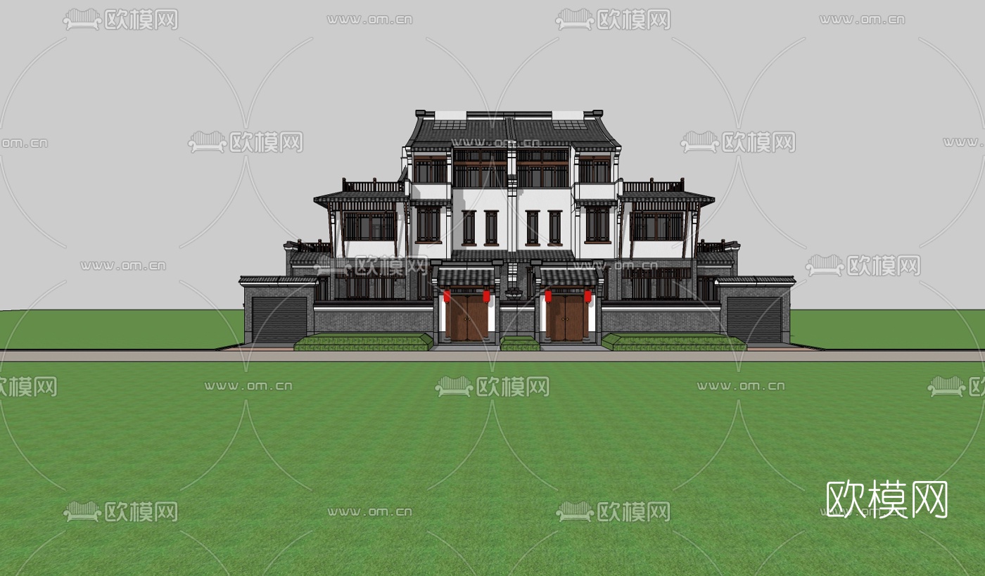 中式连排别墅su模型