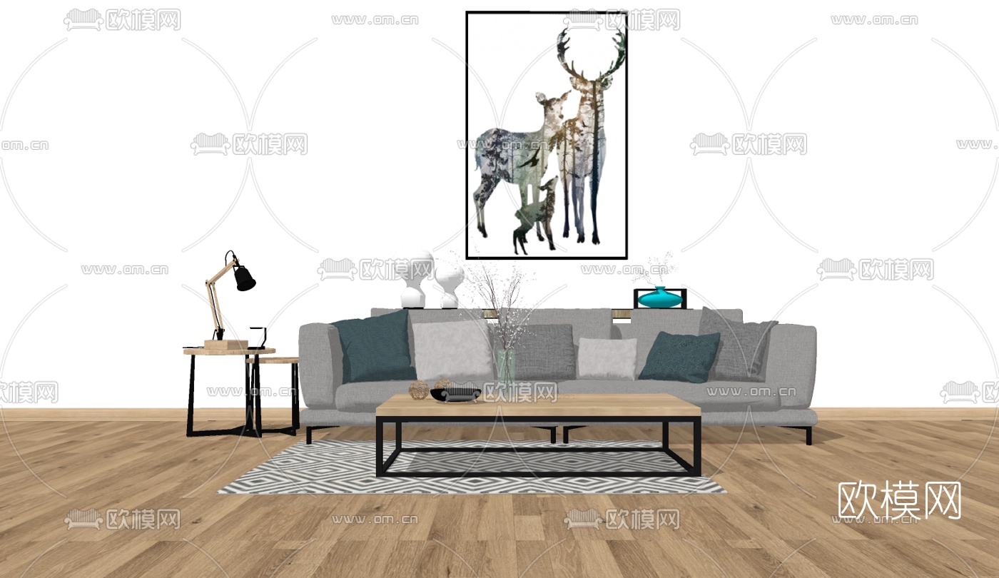 北欧简约沙发组合su模型下载（渲染图2）