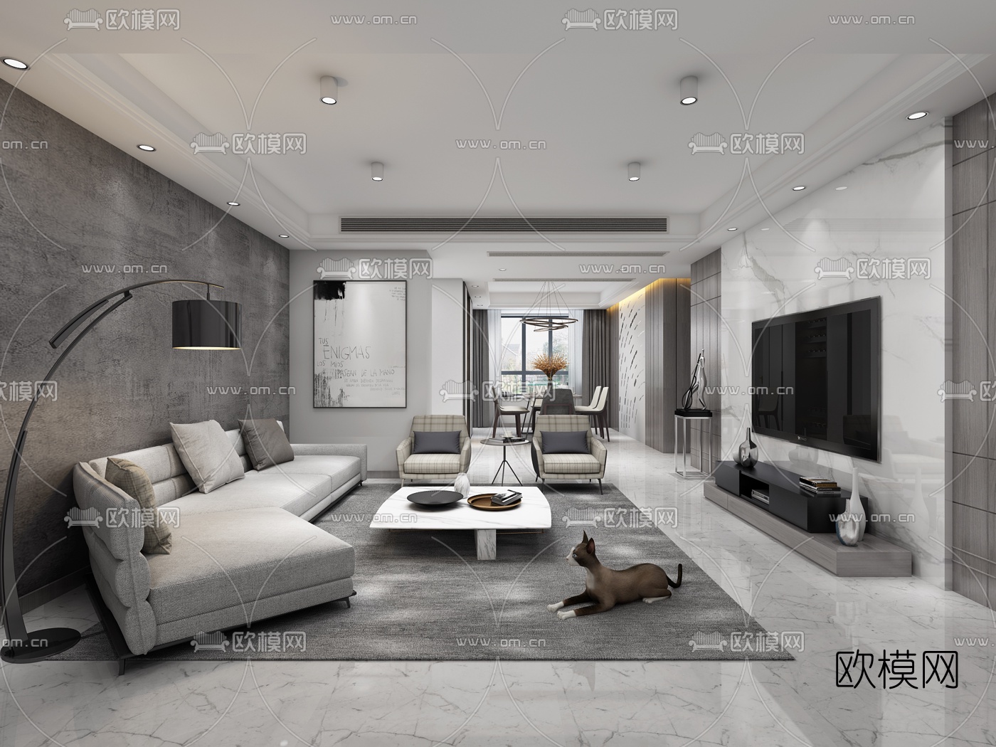 现代黑白灰客厅餐厅3D模型