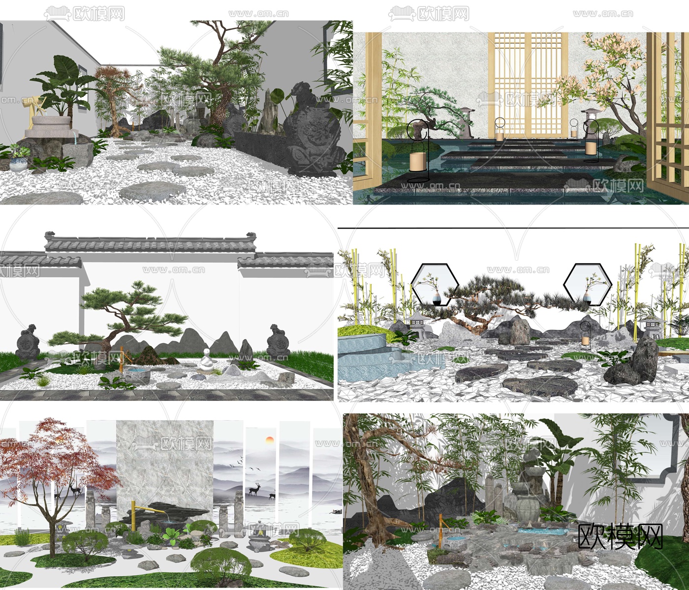 新中式枯山水景观小品su模型下载