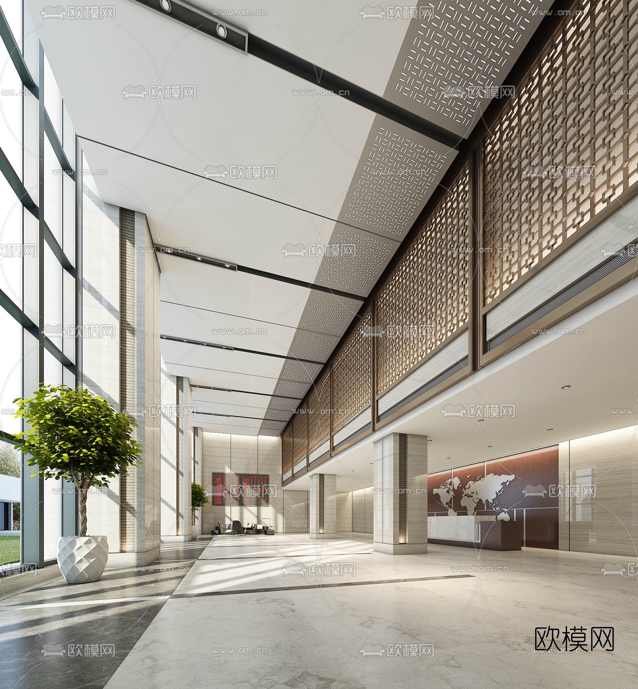 现代办公商务大堂3D模型-免费3dmax模型库-欧模网
