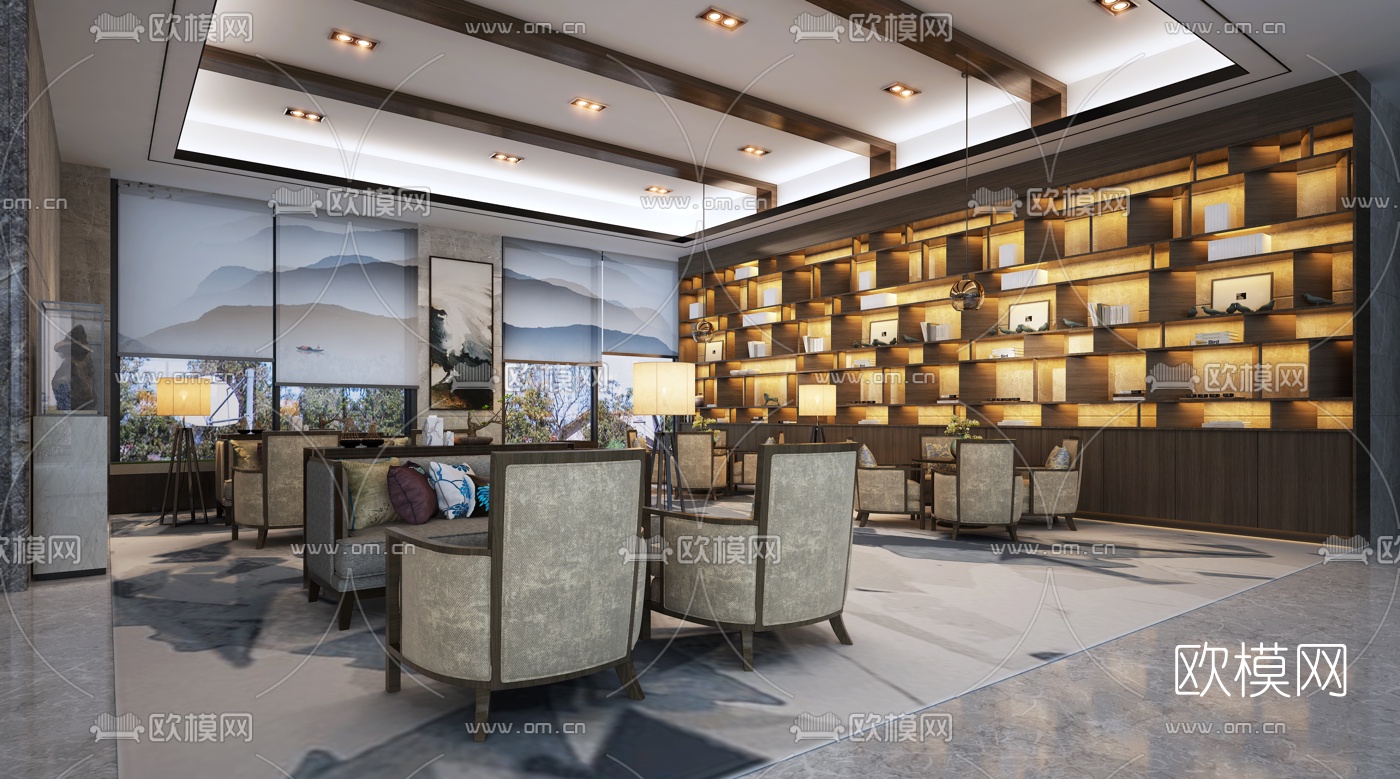 新中式售楼处洽谈区3d模型下载（渲染图1）