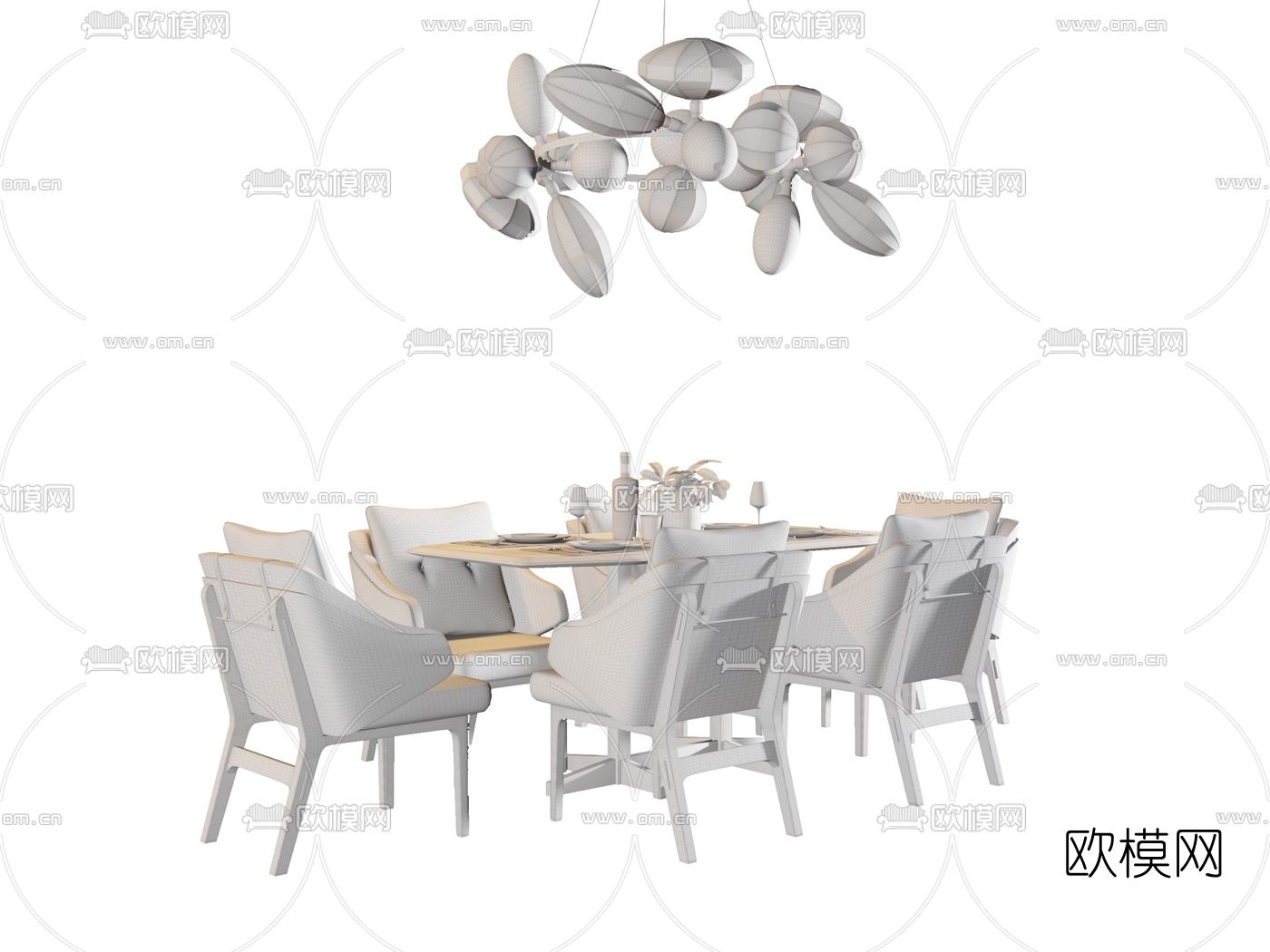 现代实木餐桌椅吊灯装饰画3D模型下载（渲染图2）
