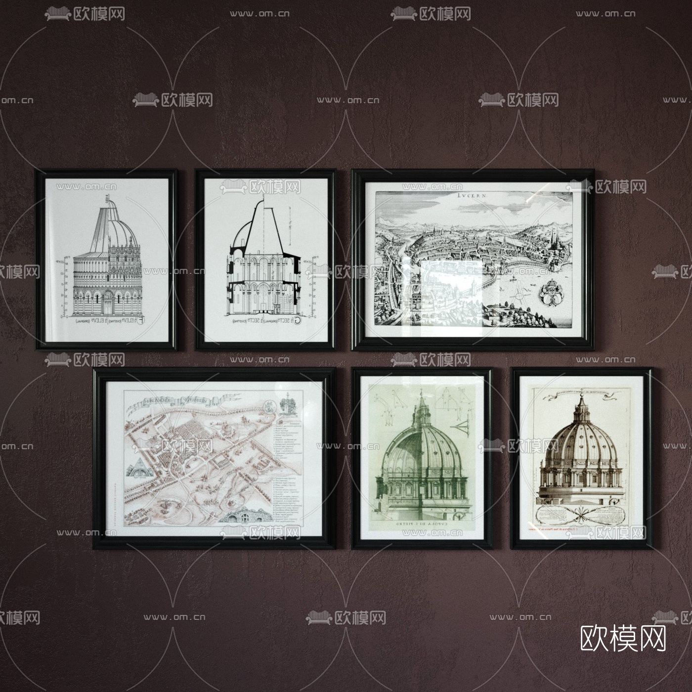 美式古建筑手绘装饰画3D模型