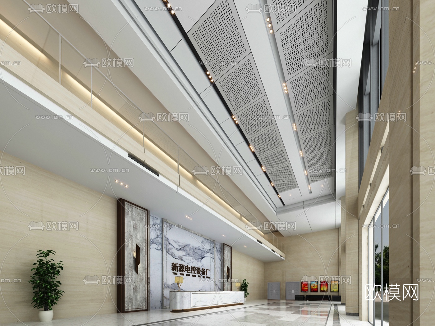 现代办公前台大厅3D模型-免费3dmax模型库-欧模网