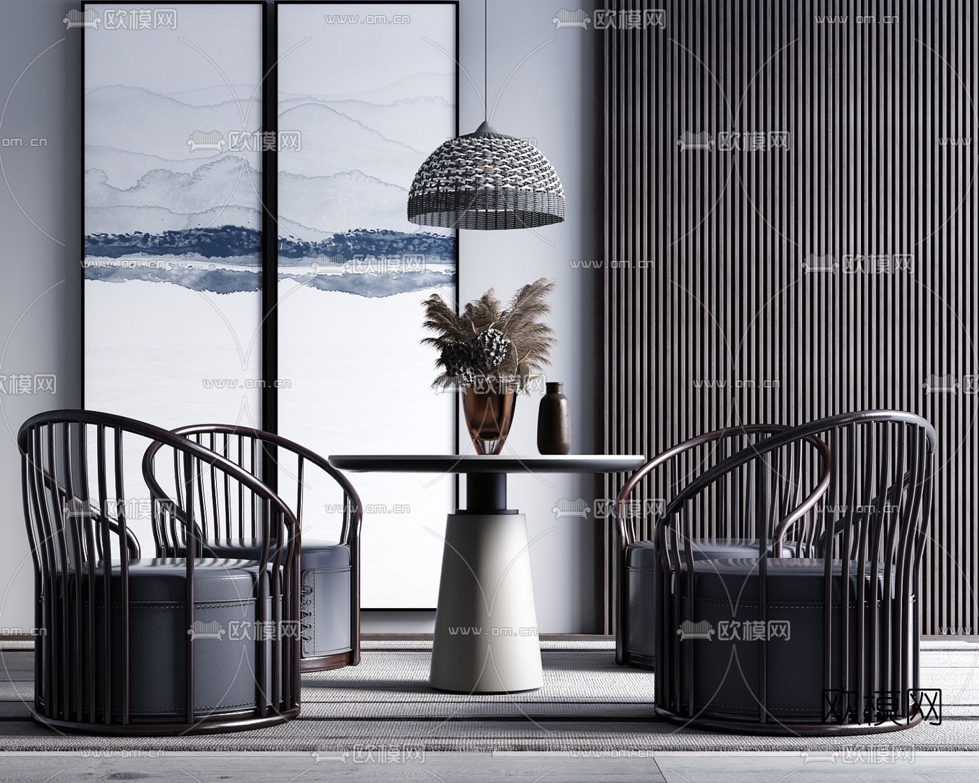 新中式轻奢休闲桌椅su模型下载（渲染图1）