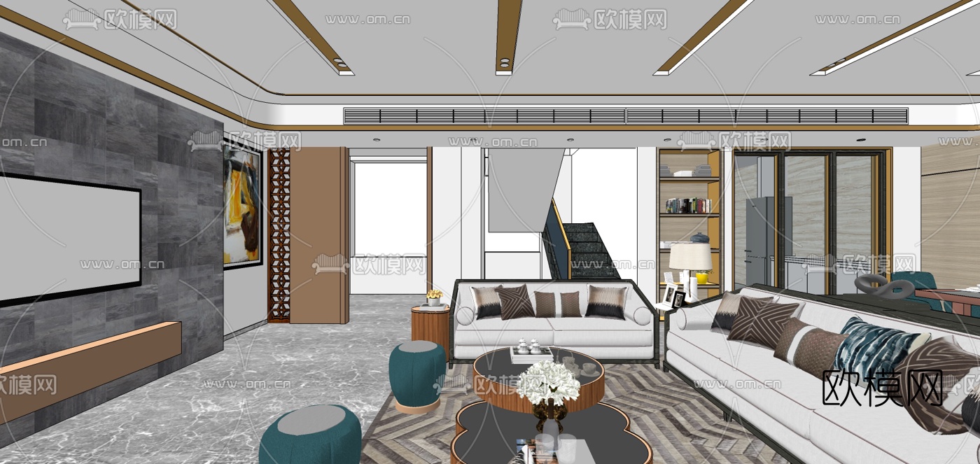 现代轻奢客厅餐厅su模型-免费3dmax模型库-欧模网