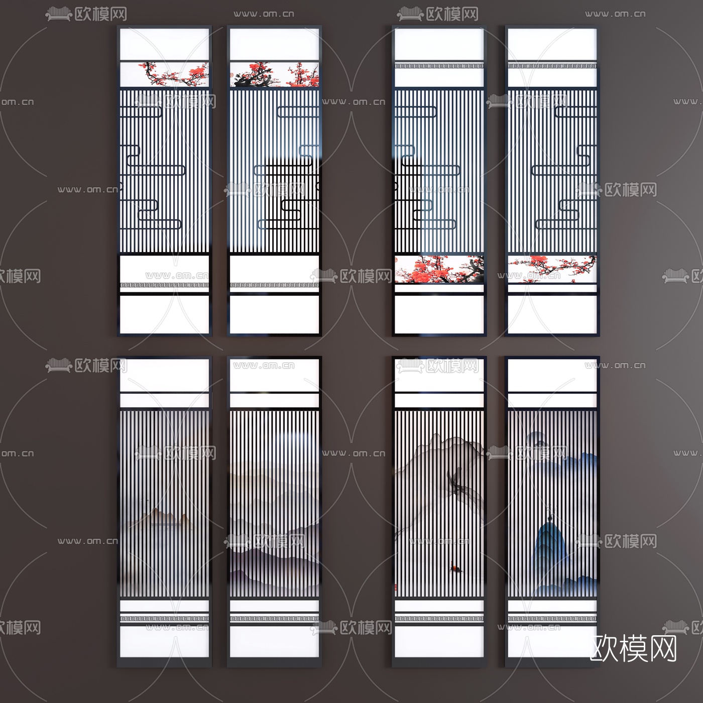 新中式水墨屏风隔断3d模型下载（渲染图1）