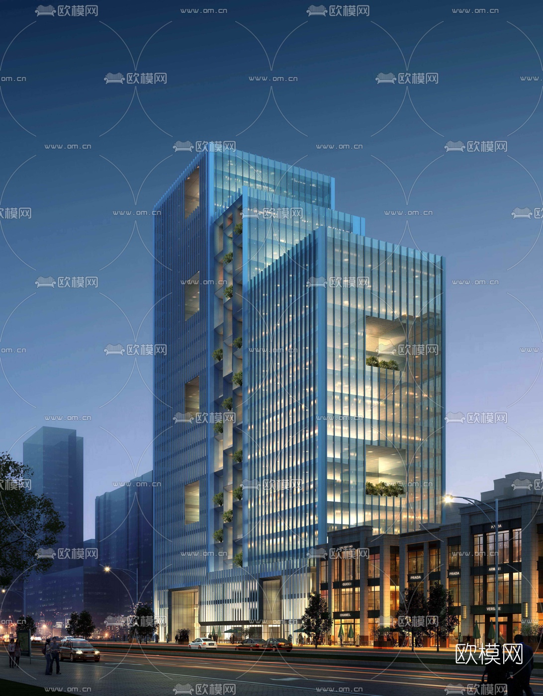 现代办公楼外观夜景3d模型