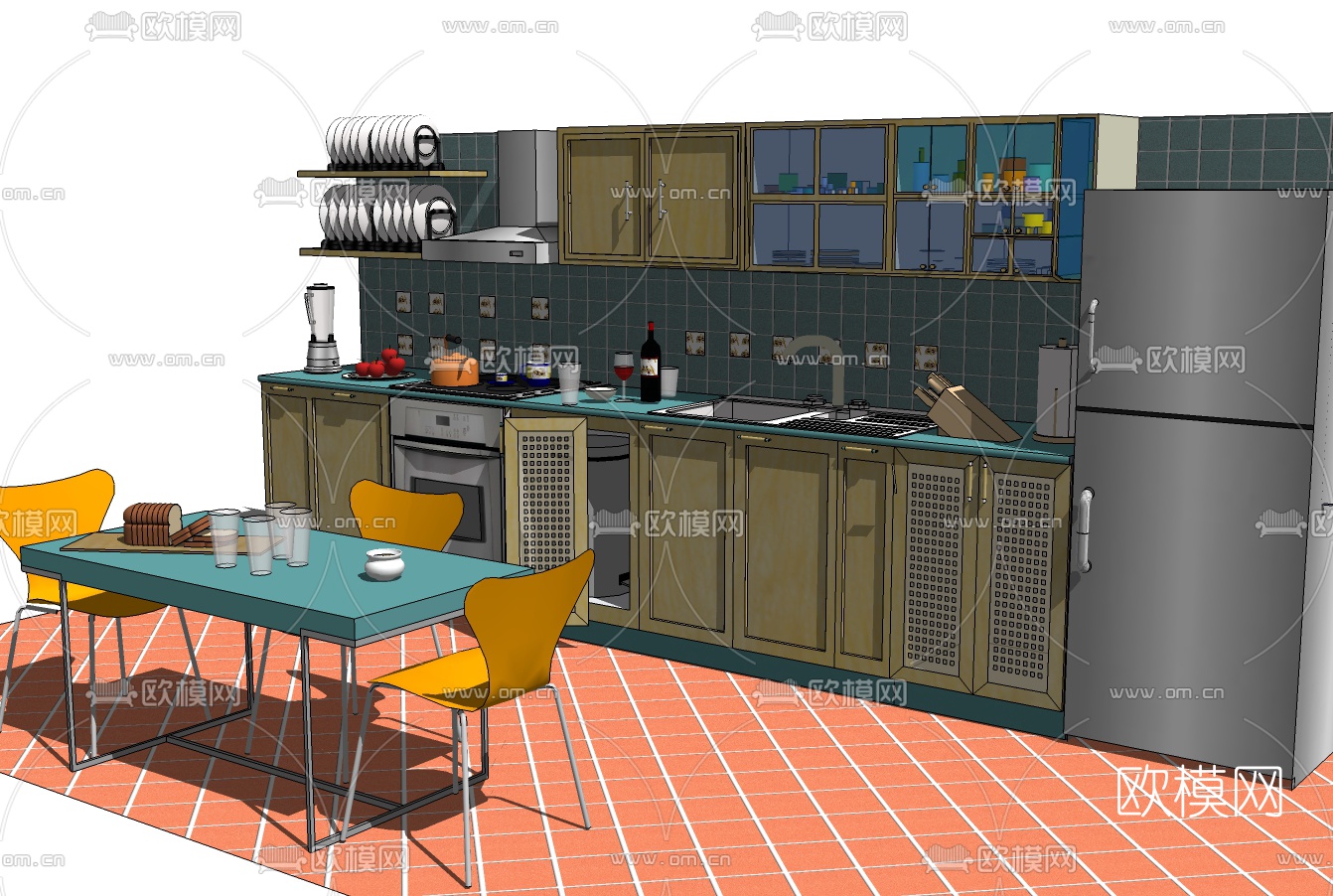 现代橱柜餐桌椅su模型下载（渲染图1）