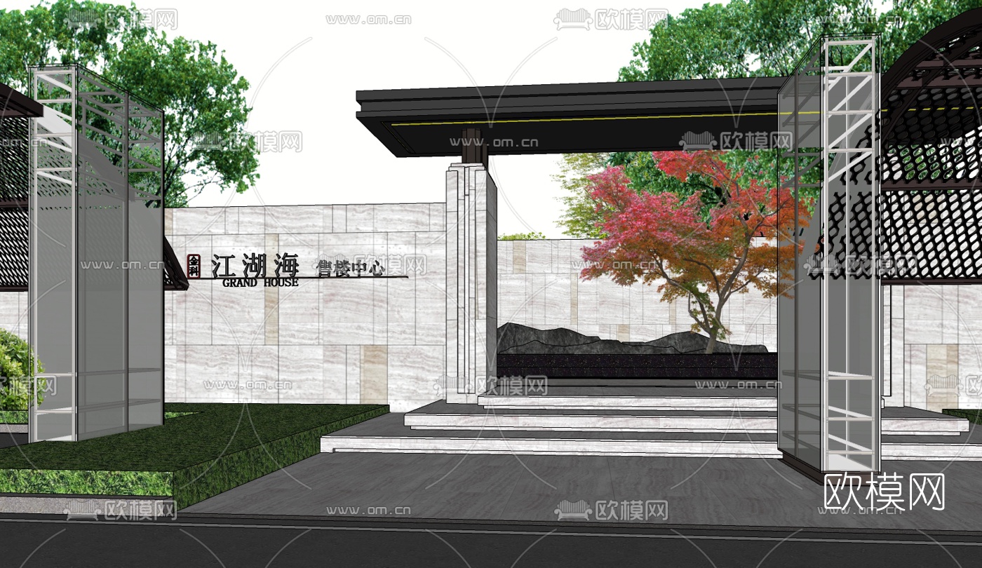 中式售楼处免费su模型下载（渲染图1）