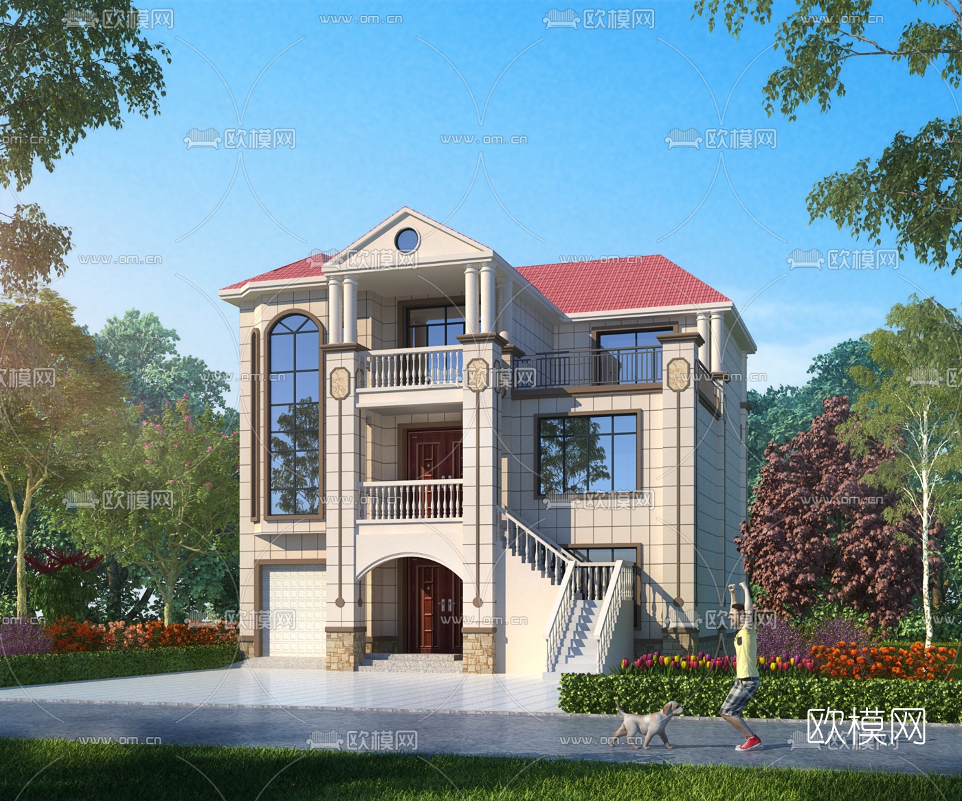 简欧独栋别墅外观3d模型下载