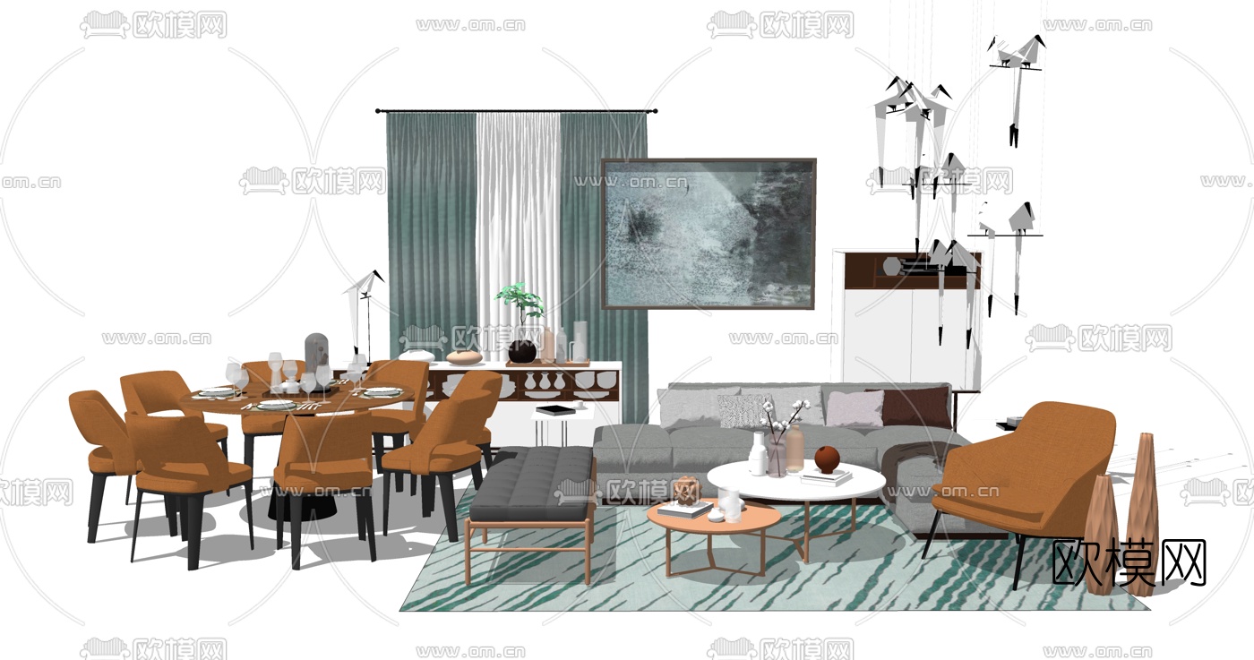 北欧布艺沙发组合餐桌椅su模型下载