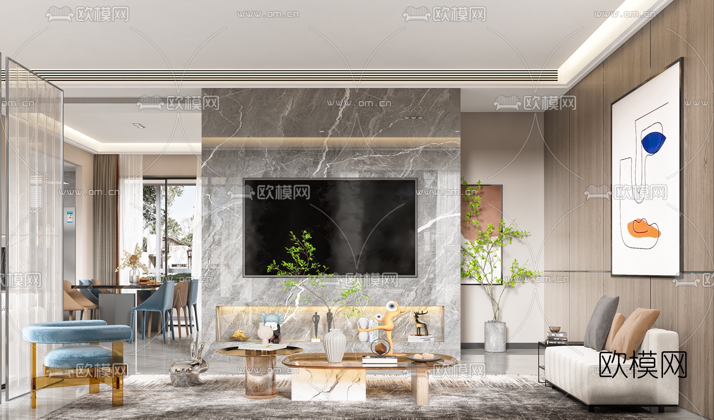 现代客厅餐厅3d模型