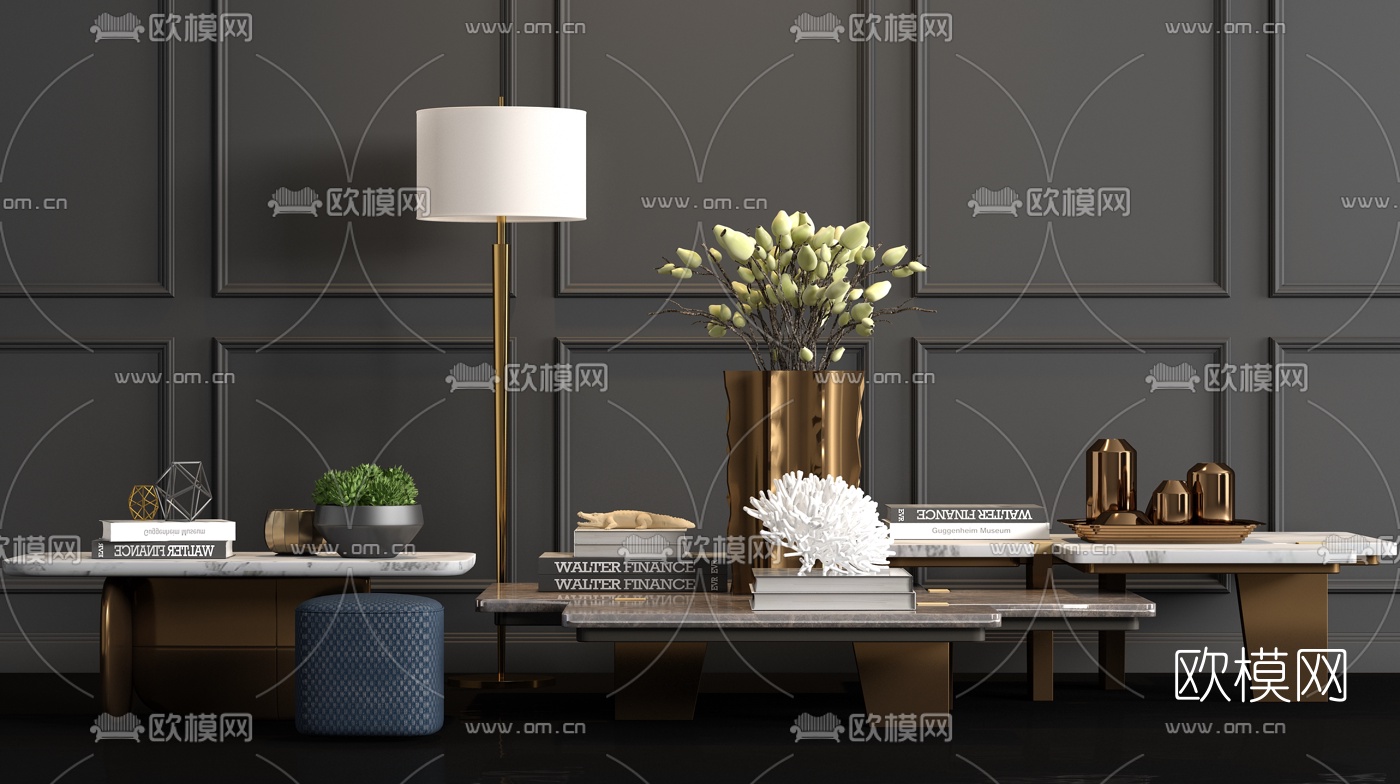 现代金属大理石茶几落地灯饰品3d模型
