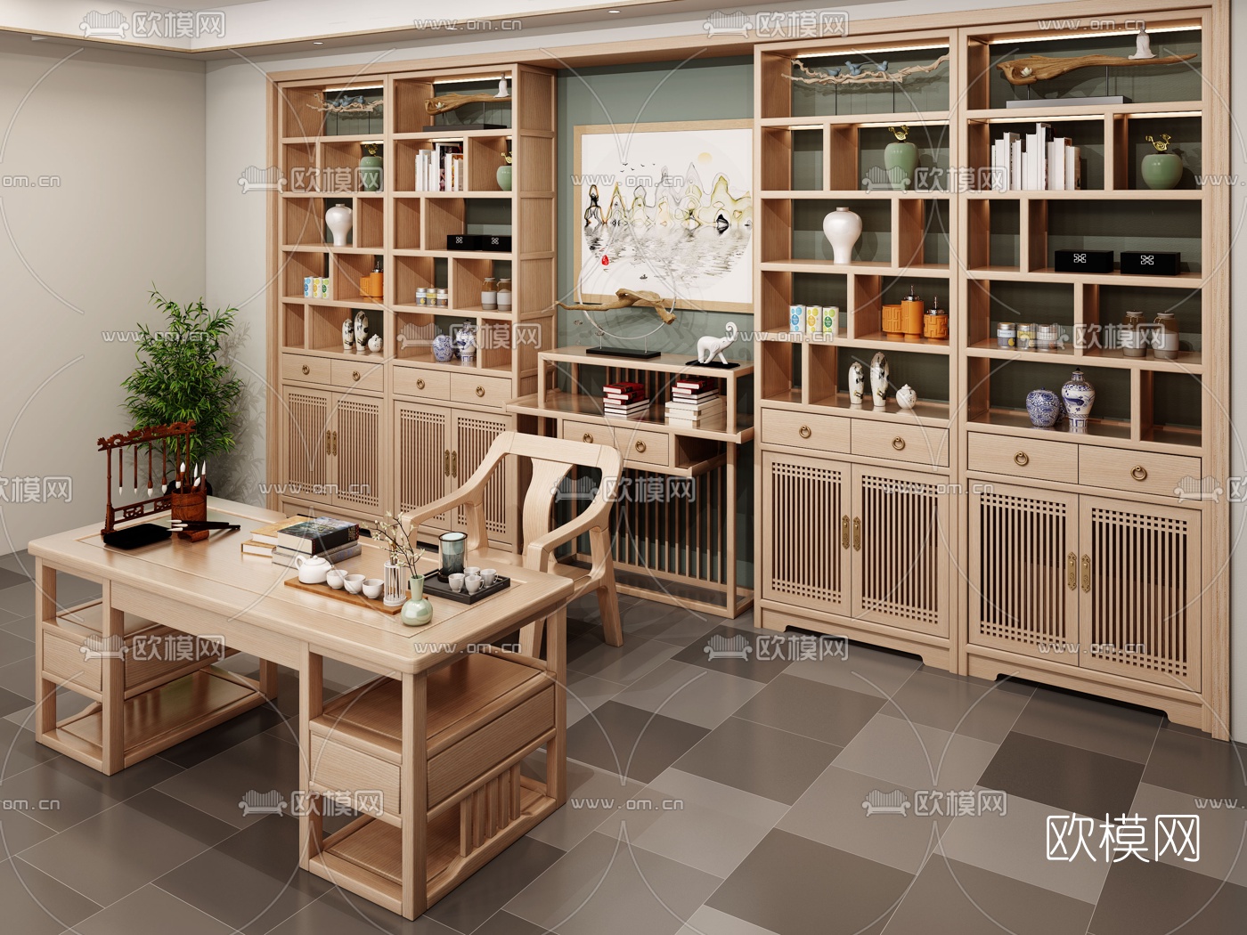 中式实木博古架书桌3d模型下载（渲染图2）
