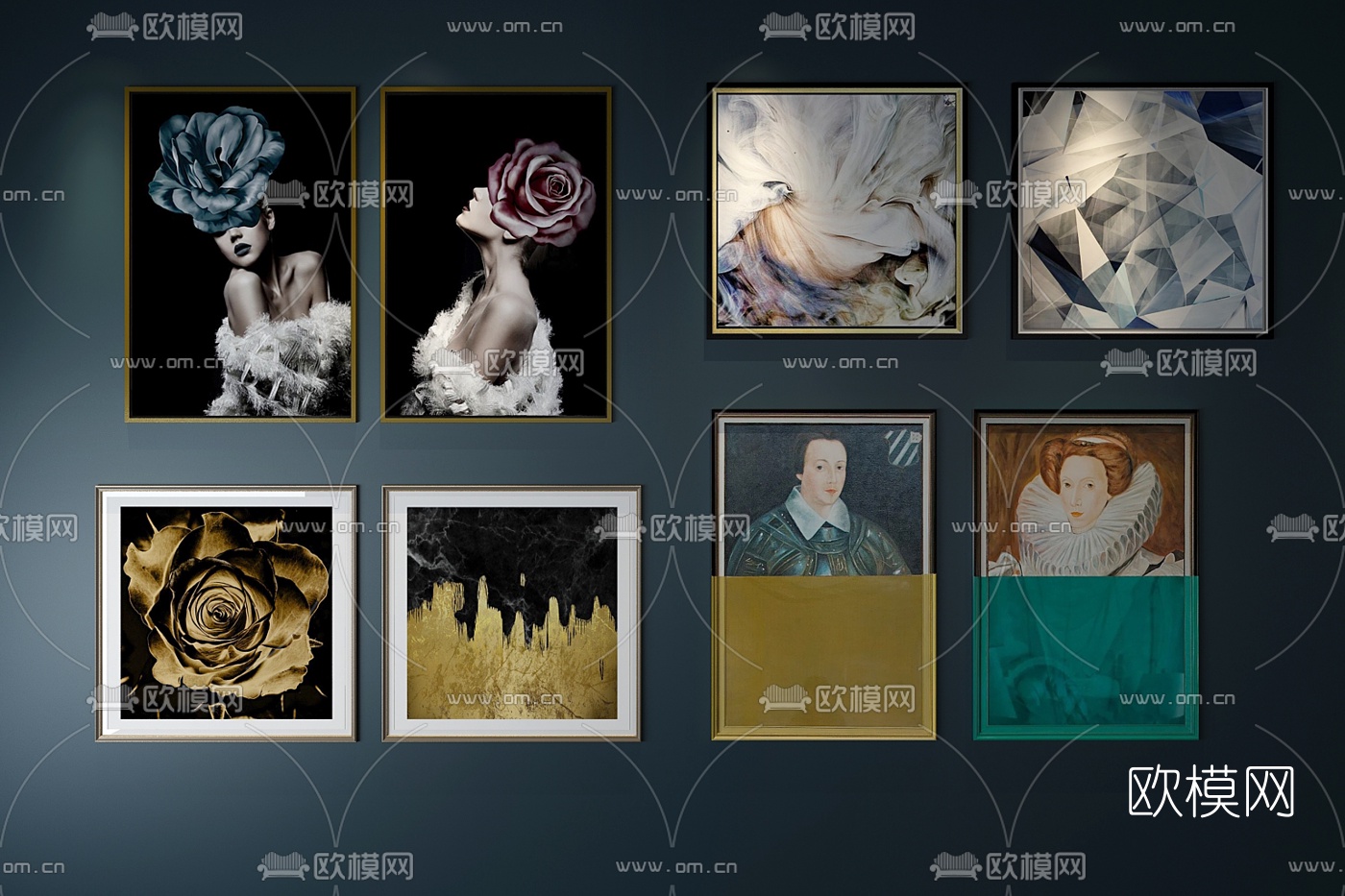 欧式手绘人物装饰画组合3D模型