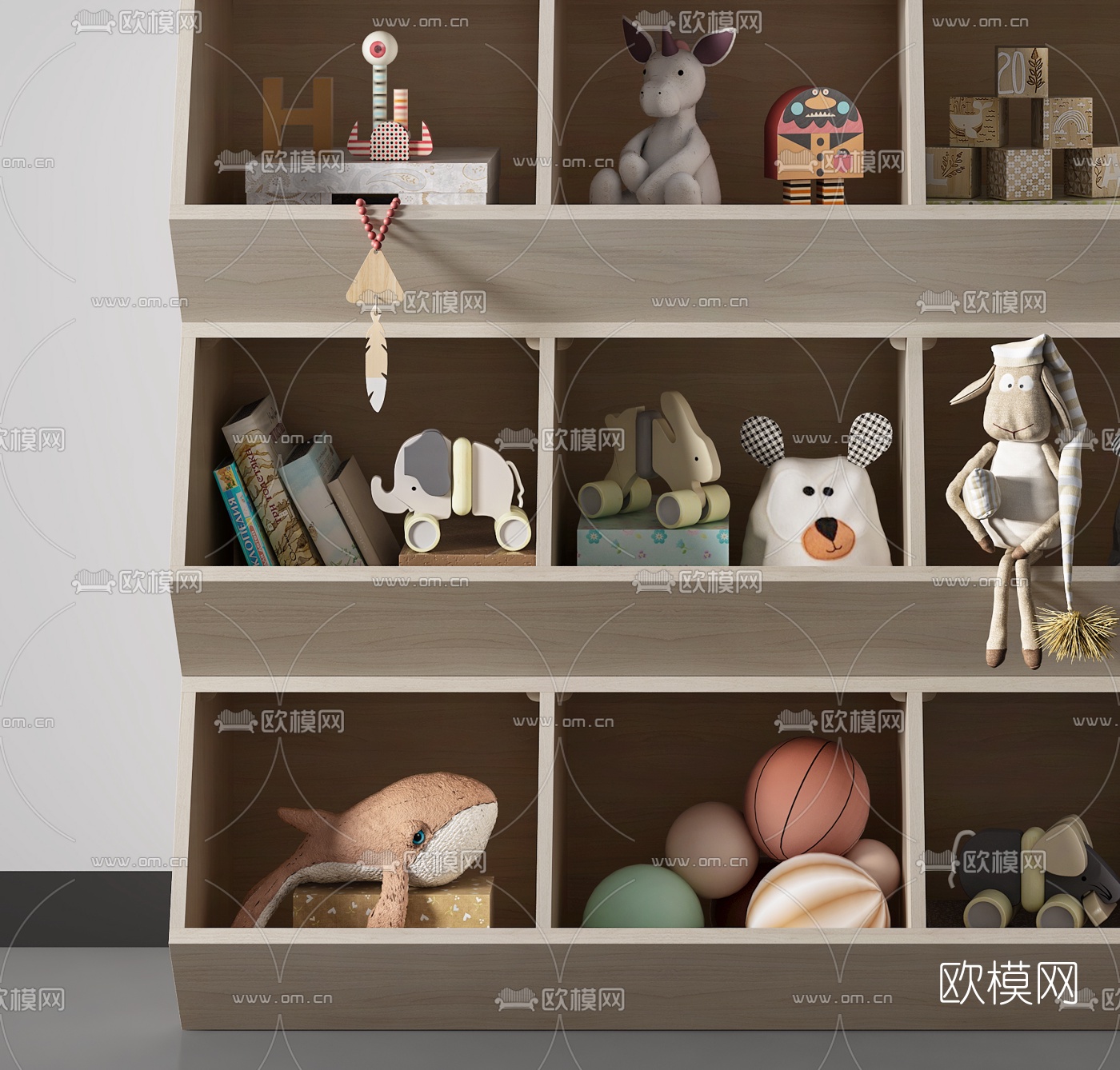 北欧实木儿童玩具组合收纳柜3d模型下载（渲染图2）