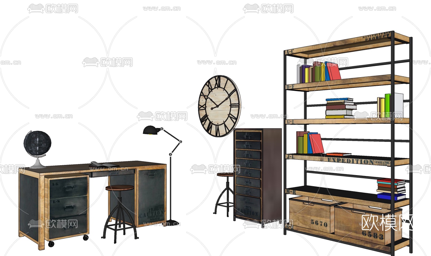 工业风书桌椅su模型下载（渲染图2）