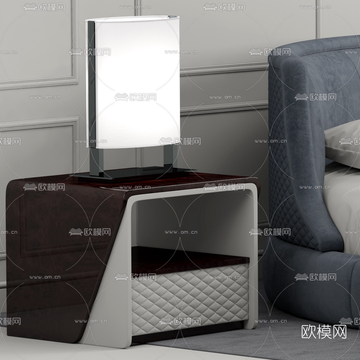 现代布艺圆床双人床床头柜台灯3D模型