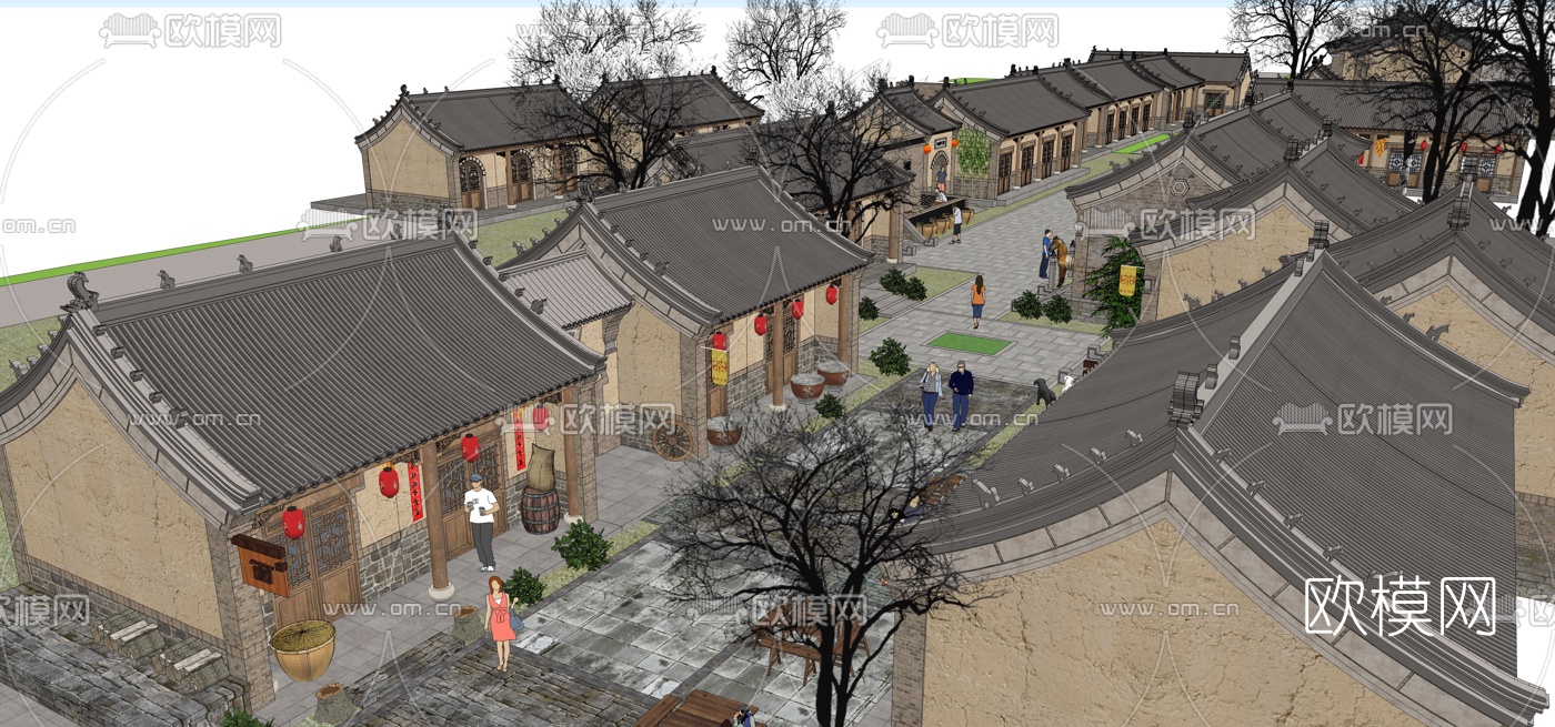 中式民俗古街道su模型下载（渲染图1）