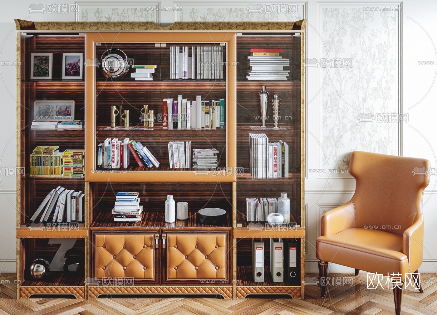 后现代皮革书柜椅子组合3D模型下载