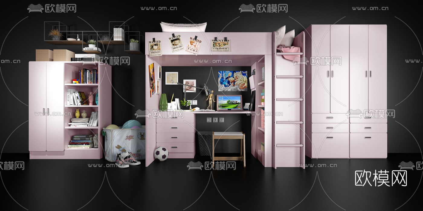现代儿童床书桌衣柜书柜组合3d模型下载（渲染图2）