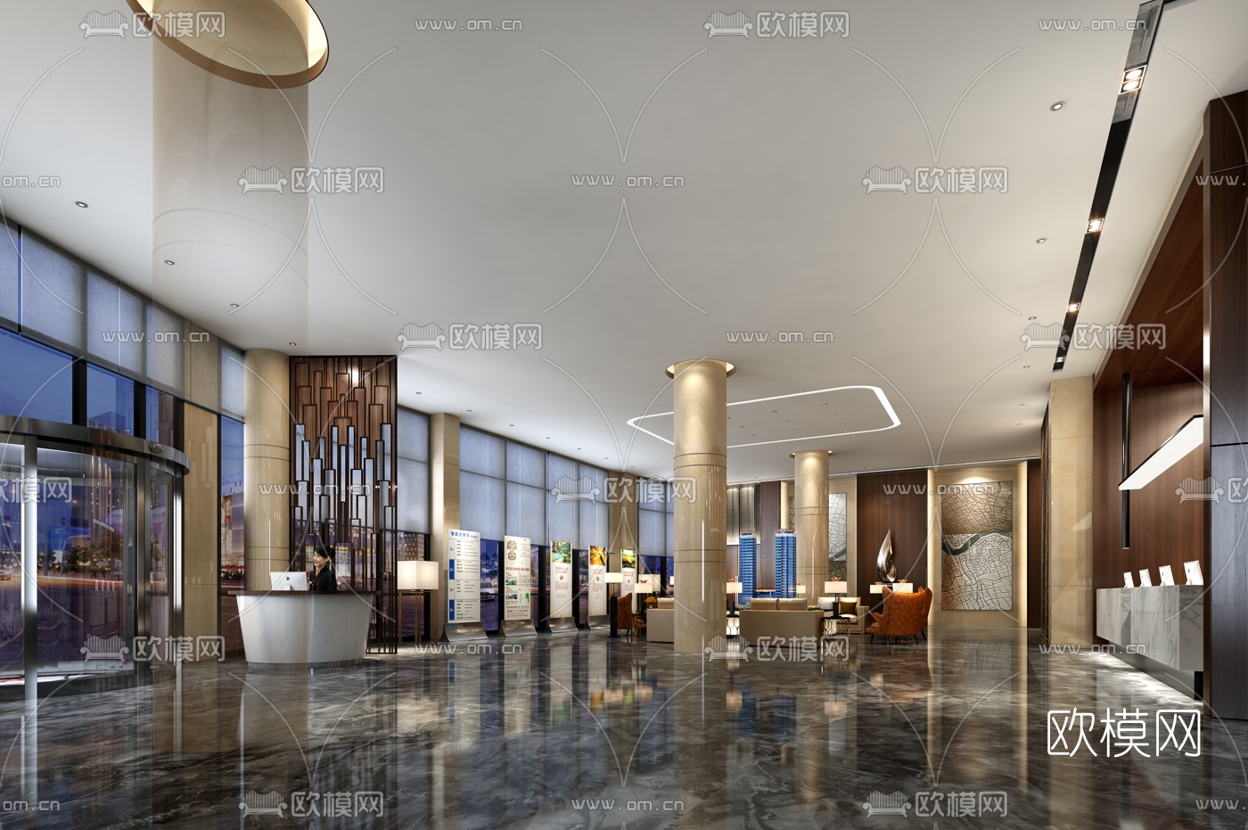 现代酒店大堂接待区3d模型下载（渲染图1）