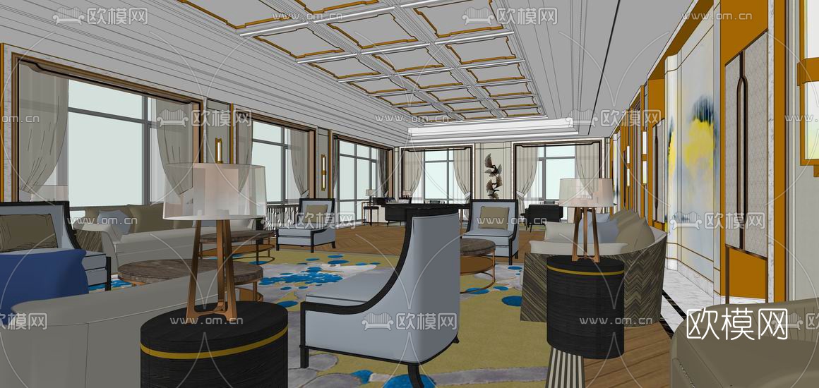 新中式会客厅su模型下载（渲染图5）