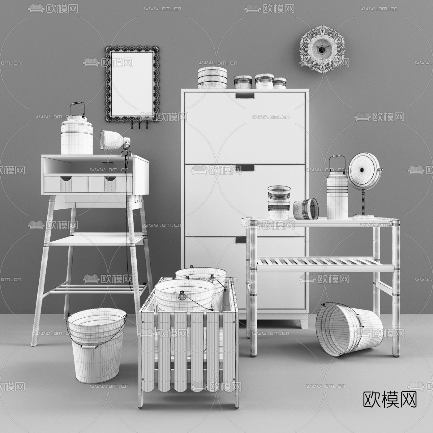 现代边柜置物柜组合3D模型