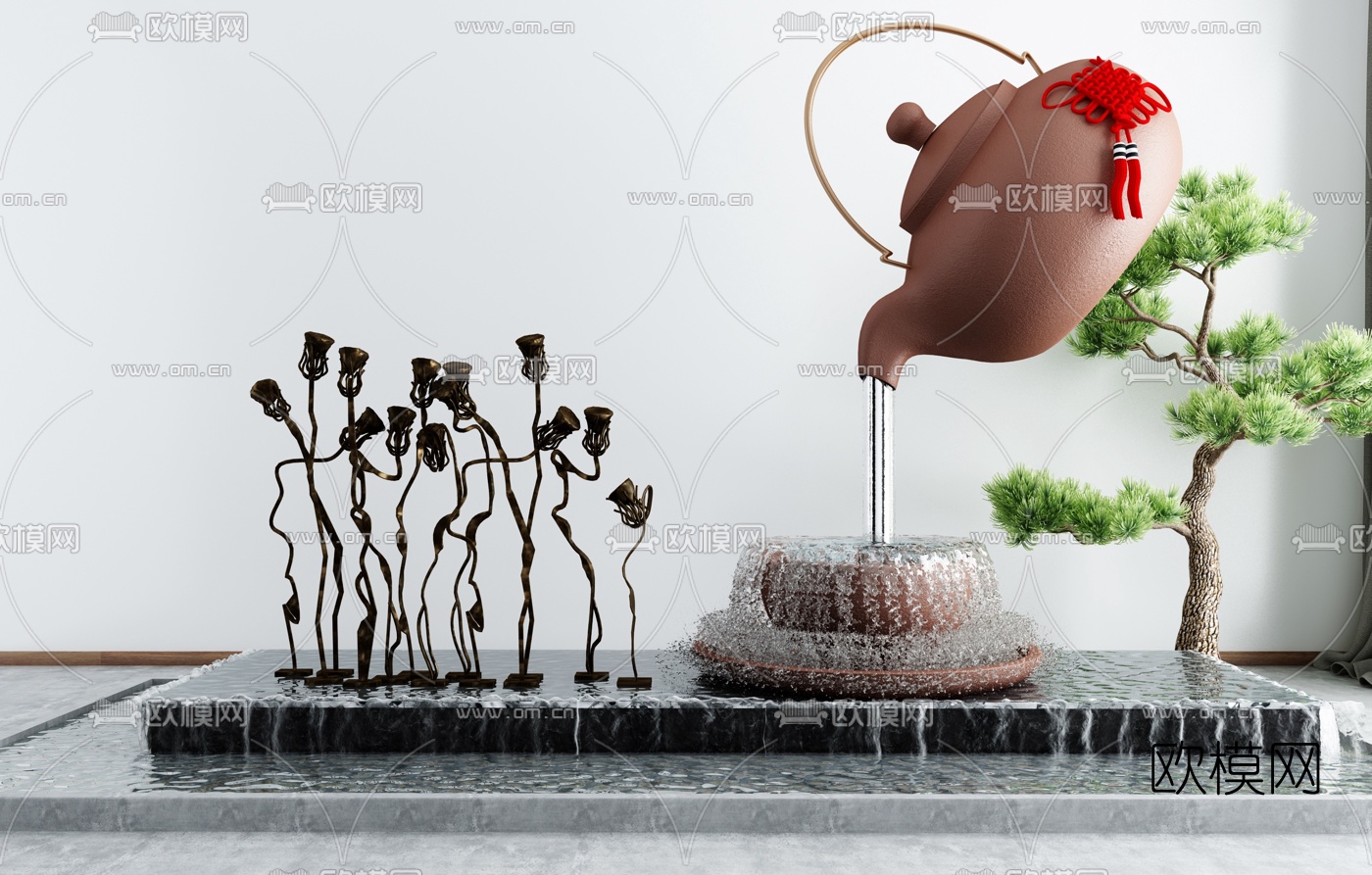 新中式水景荷花景观小品3d模型下载