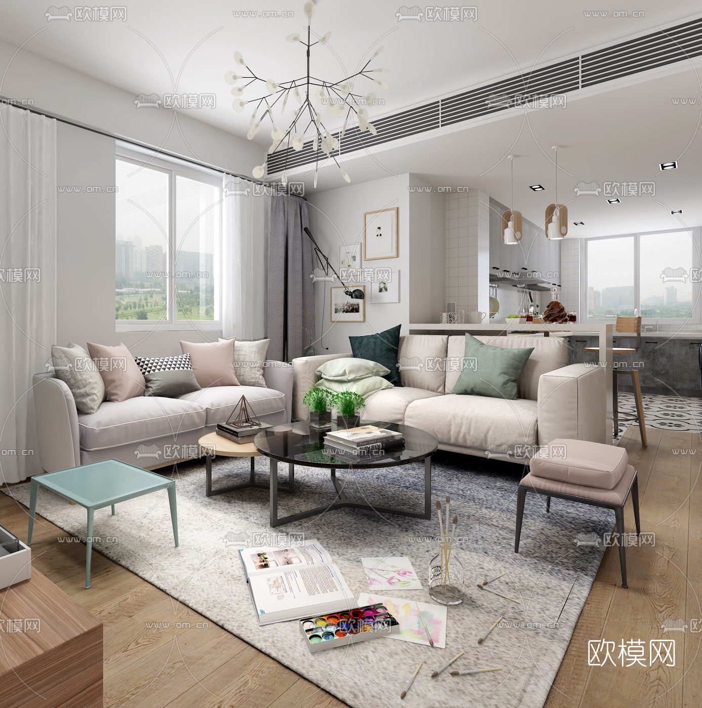 北欧客厅餐厅厨房3D模型