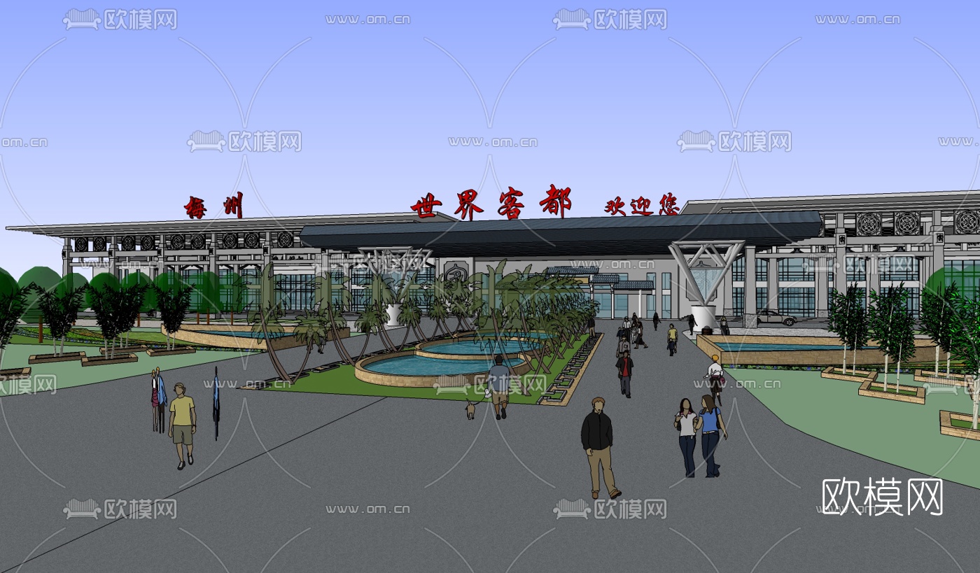 中式机场航站楼su模型下载（渲染图1）