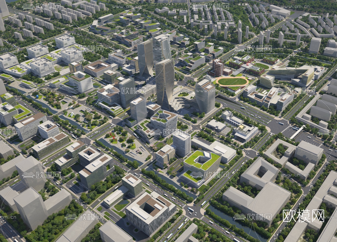 现代办公园区鸟瞰规划3d模型下载