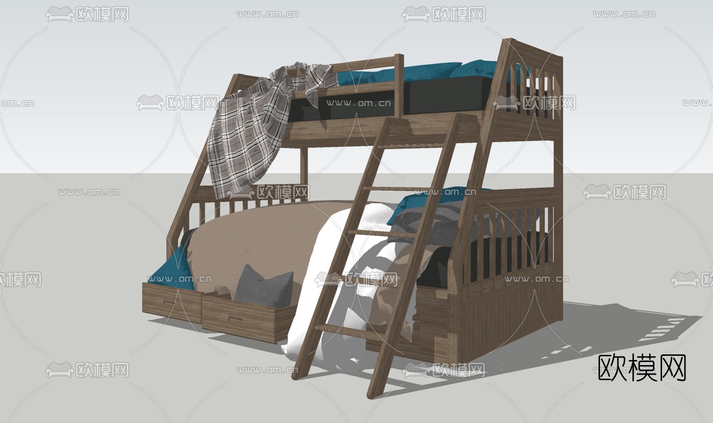 现代实木儿童双层床su模型下载（渲染图3）