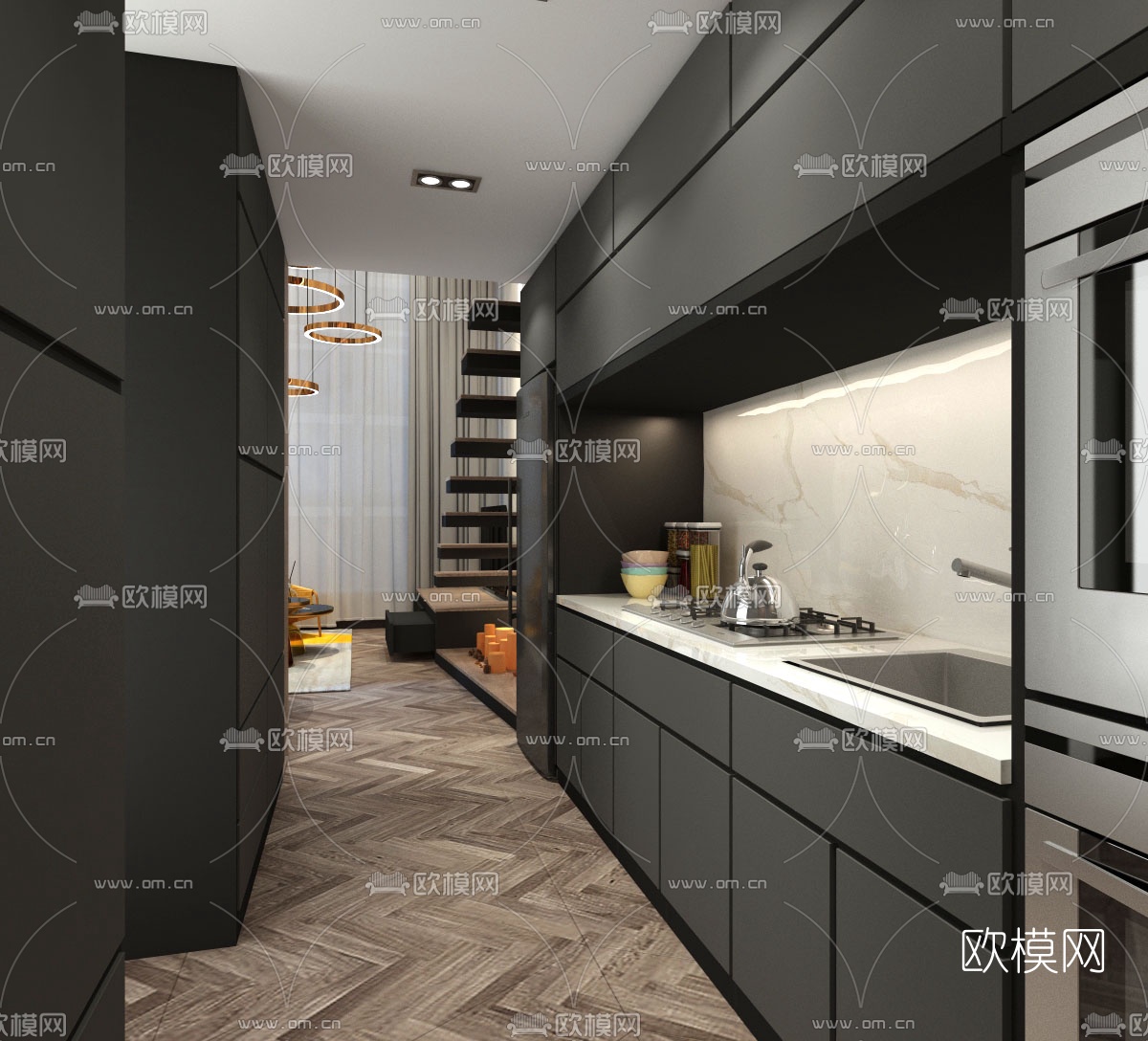 现代LOFT公寓客厅厨房3d模型
