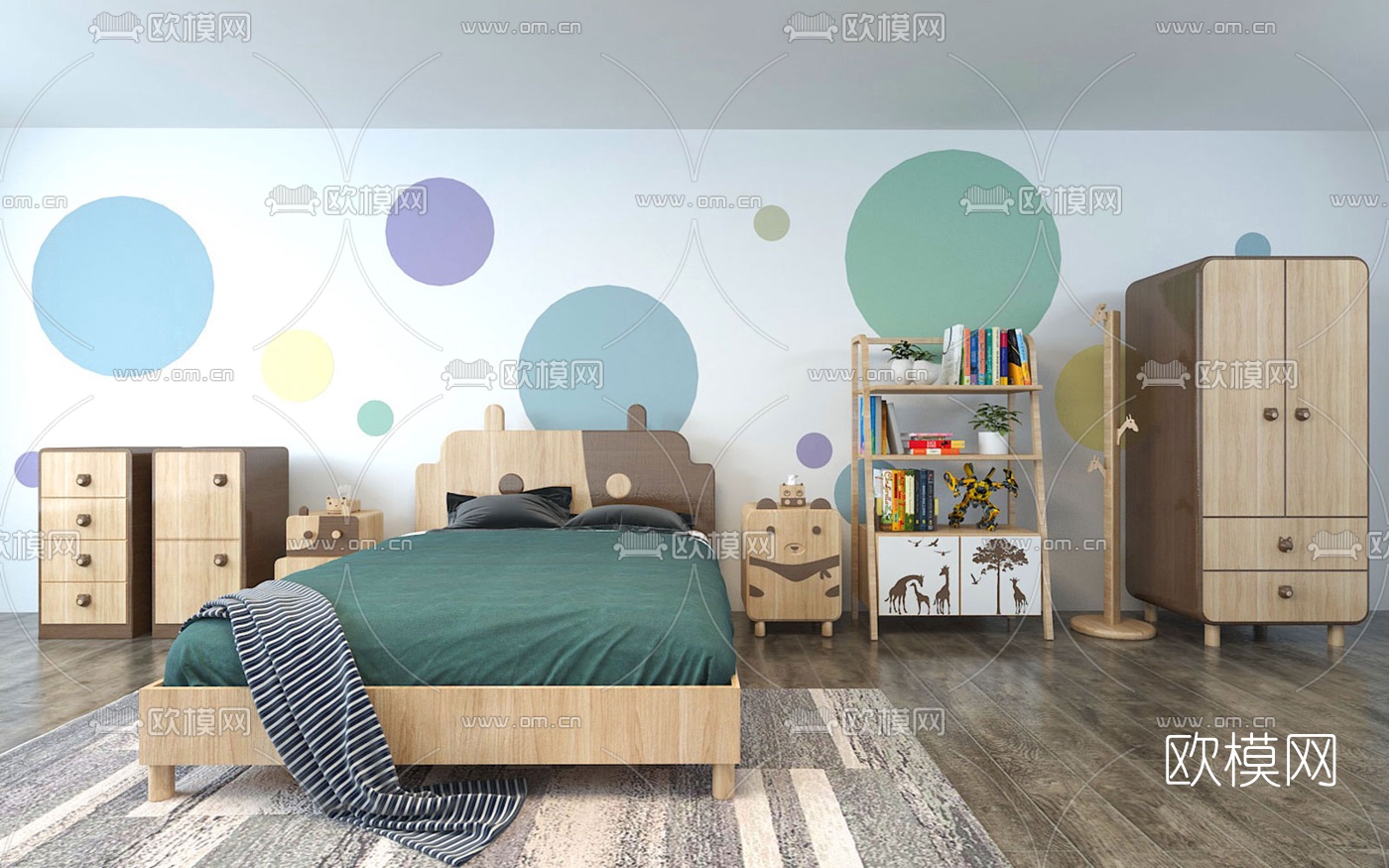 现代实木儿童床儿童柜3d模型下载（渲染图1）