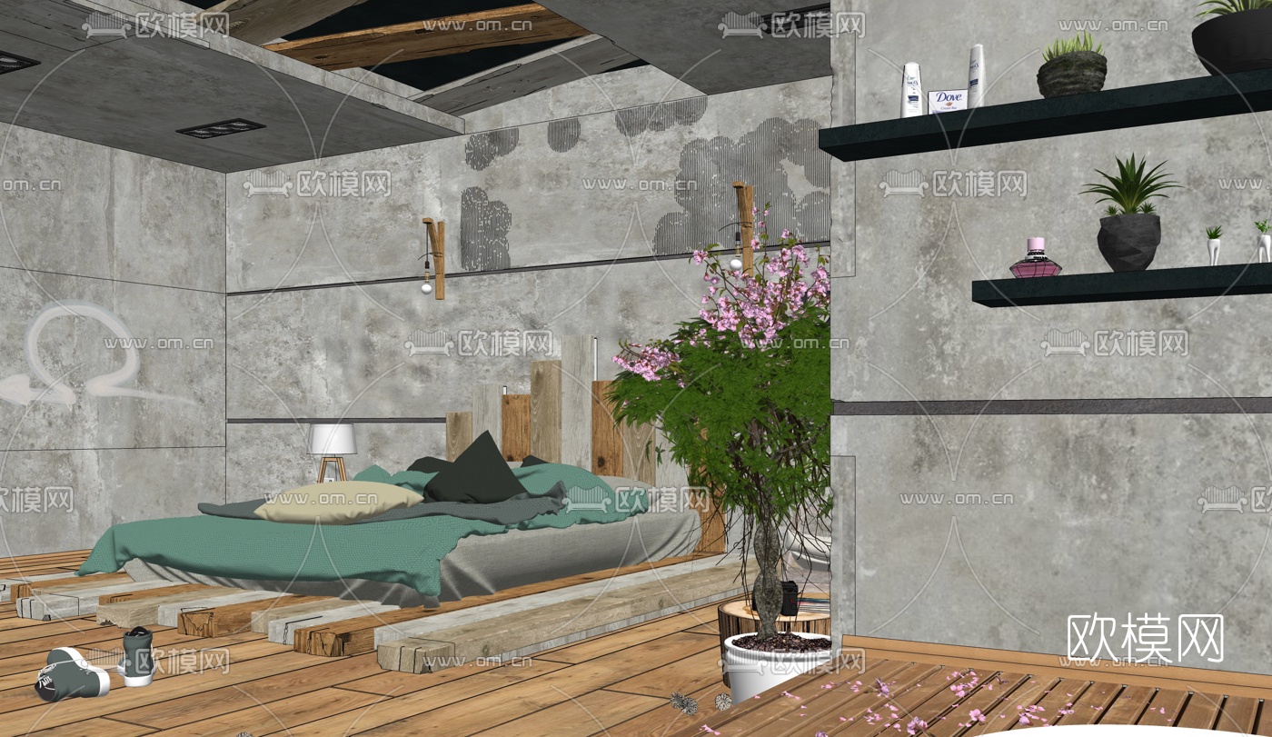 自然风民宿客房su模型下载（渲染图2）