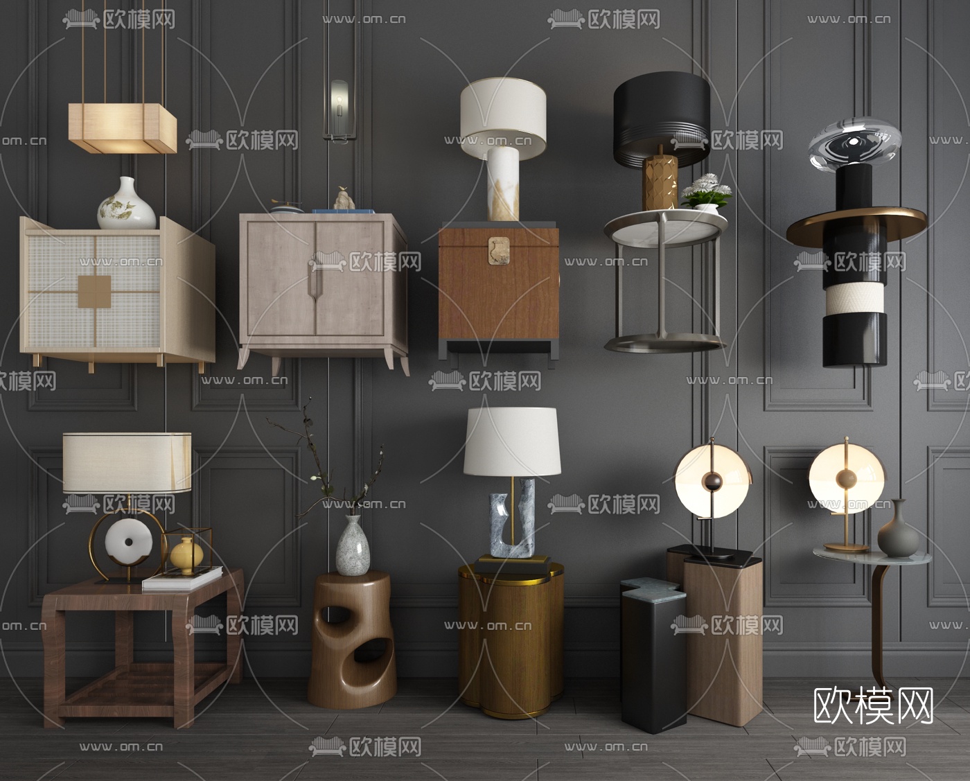 新中式实木床头柜组合3d模型下载