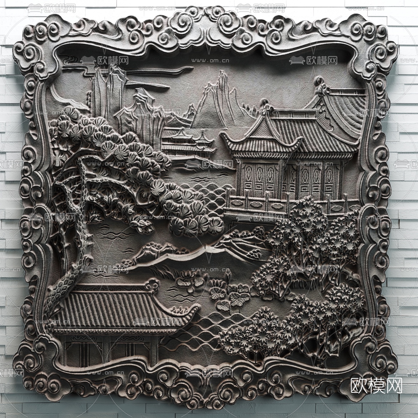 中式山水雕花浮雕3d模型