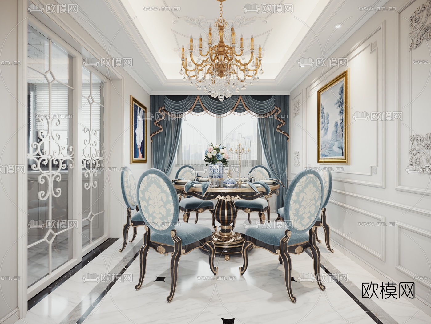 欧式客厅餐厅3d模型下载（渲染图2）
