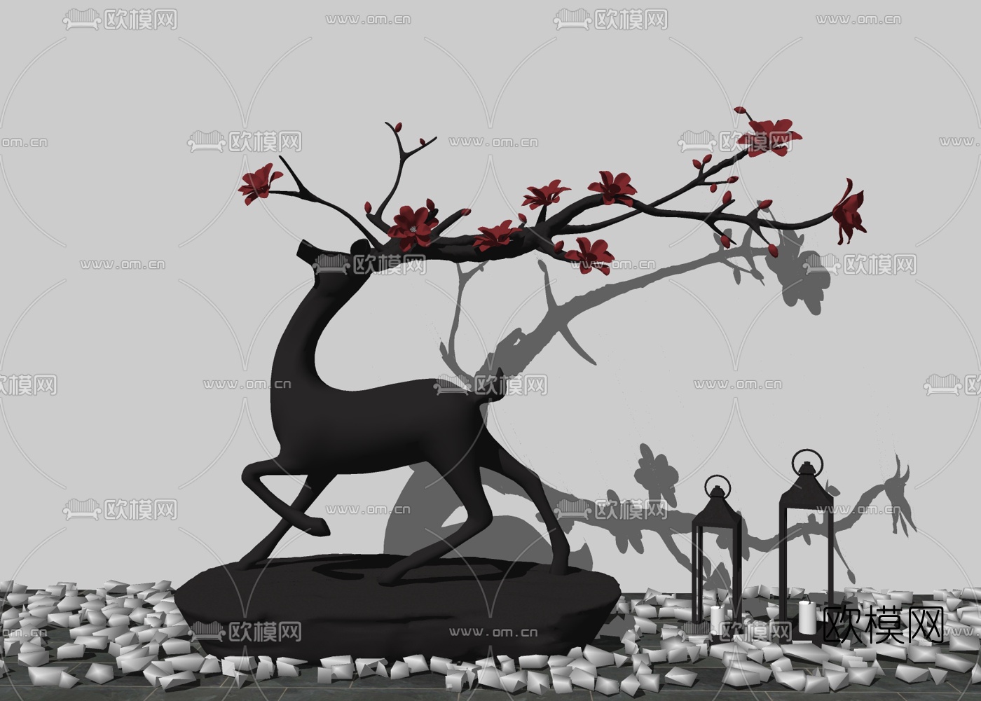新中式金属梅花鹿雕塑su模型下载