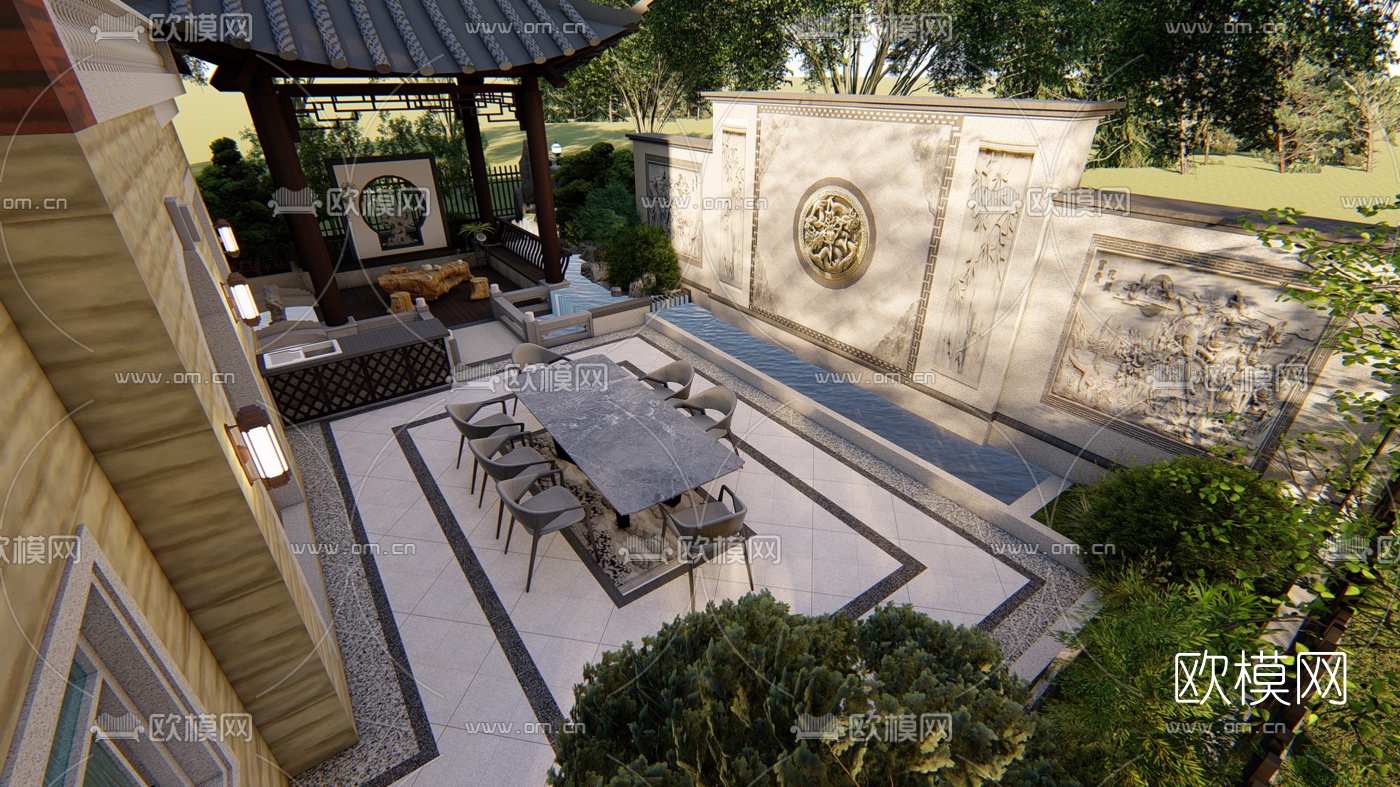 中式别墅庭院花园设计su模型下载（渲染图11）