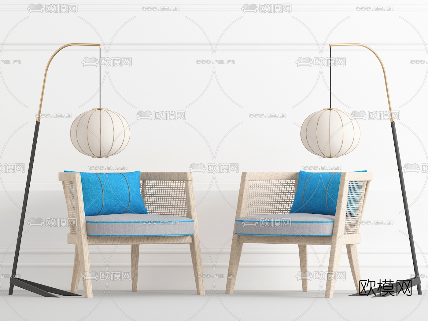 新中式单人沙发落地灯3d模型下载