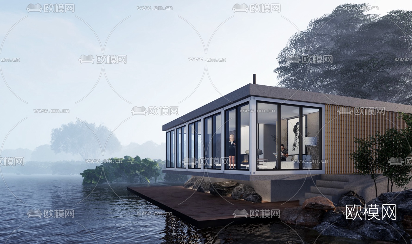 现代湖畔别墅外观su模型下载